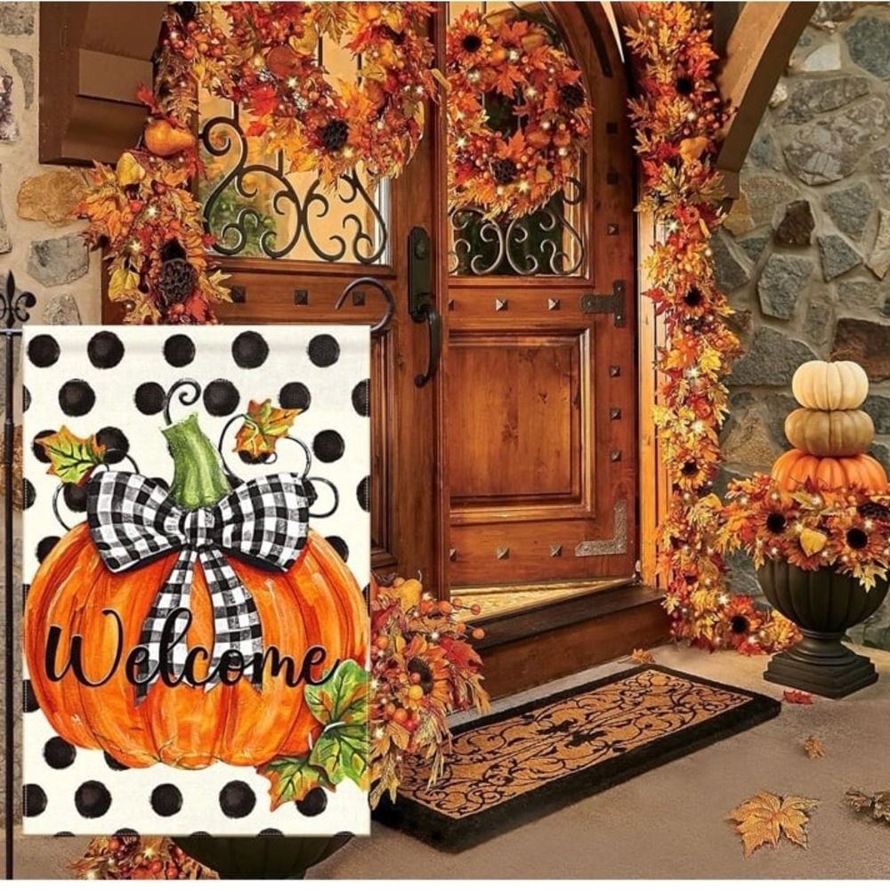 NEW Fall burlap garden flag with pumpkins & black/cream polka dots